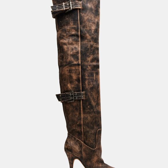 Baddie Brown Distressed over-the-knee heeled boots size 9 - Picture 1 of 8